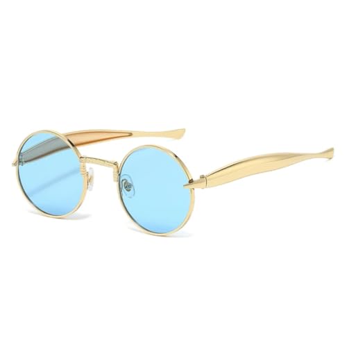 QGGNMGT Retro Kleine Runde Metall Herren Sonnenbrille Mode Klare Ozeanlinsen Shades UV400 Damen Trendy Punk (Goldblau) von QGGNMGT