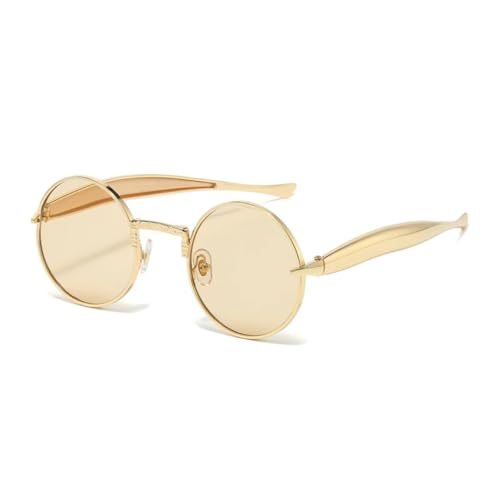 QGGNMGT Retro Kleine Runde Metall Herren Sonnenbrille Mode Klare Ozeanlinsen Shades UV400 Damen Trendy Punk (Goldener Champagner) von QGGNMGT
