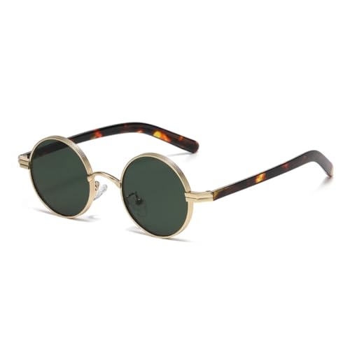 QGGNMGT Retro Kleine Runde Metall Punk Damen Sonnenbrille Mode Klare Linse Herren Trendy Rahmen Shades UV400 (Golden Leopard Green) von QGGNMGT