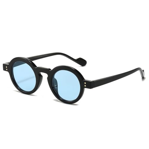 QGGNMGT Retro Kleine Runde Sonnenbrille Damenmode Klare Ozeanlinsen-Sonnenbrille UV400 Herren Nieten Trendy Punk (Schwarz Blau) von QGGNMGT
