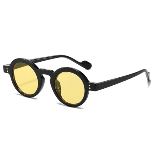QGGNMGT Retro Kleine Runde Sonnenbrille Damenmode Klare Ozeanlinsen-Sonnenbrille UV400 Herren Nieten Trendy Punk (Schwarz Gelb) von QGGNMGT