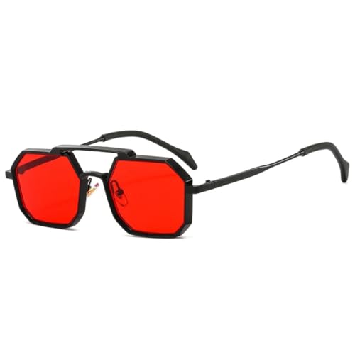 QGGNMGT Retro Metal Punk Polygon Sonnenbrille Damenmode Klare Spiegelschirme UV400 Herren Rot Gelb (Schwarz Rot) von QGGNMGT