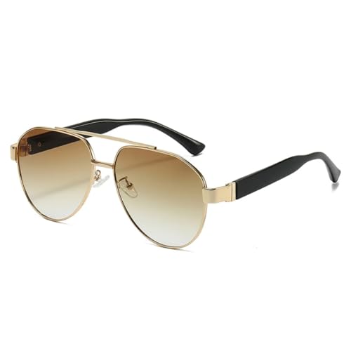 QGGNMGT Retro Metall Doppelstege Herren Sonnenbrille Mode Farbverlauf Shades UV400 Damen Punk Trendy (Golden Black Tea) von QGGNMGT