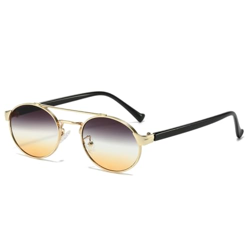 QGGNMGT Retro Metall Doppelstege Ovale Sonnenbrille Damen Mode Farbverlauf Shades UV400 Herren Punk Rund (Schwarz Grau Gelb) von QGGNMGT
