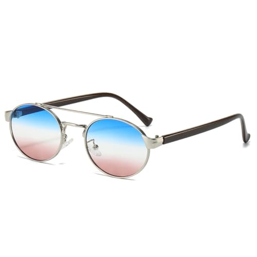 QGGNMGT Retro Metall Doppelstege Ovale Sonnenbrille Damen Mode Farbverlauf Sonnenbrille UV400 Herren Punk Rund (Silber Blau Rosa) von QGGNMGT