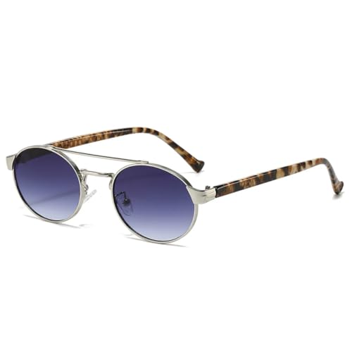 QGGNMGT Retro Metall Doppelstege Ovale Sonnenbrille Damen Mode Farbverlaufsbrille UV400 Herren Punk Rund (Silbergrau Farbverlauf) von QGGNMGT