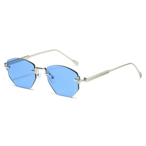 QGGNMGT Retro Polygon Damen Sonnenbrille Mode Randlos Klare Ozeanlinsen Shades UV400 Herren (Silberblau) von QGGNMGT