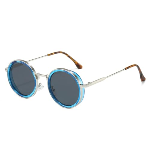 QGGNMGT Retro Runde Punk Damen Sonnenbrille Fashion Gradient Shades UV400 Herren (Blau Silber Grau) von QGGNMGT