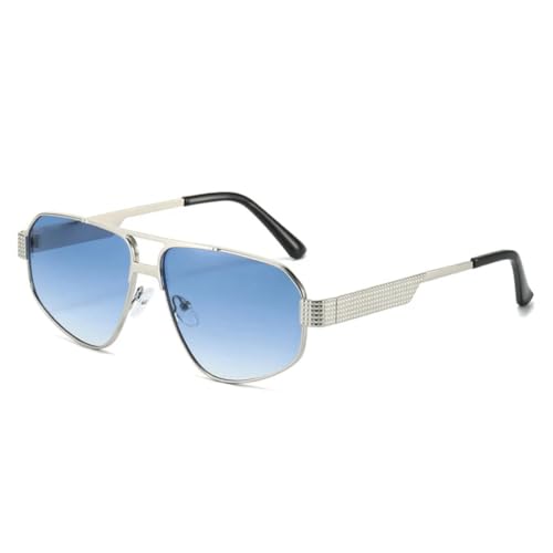 QGGNMGT Retro-Sonnenbrille aus Metall mit Doppelsteg, Polygon-Cat-Eye, für Herren, modische Farbverlaufs-Sonnenbrille, UV400, Damen, trendiger Punk (Silber-Blau-Farbverlauf) von QGGNMGT