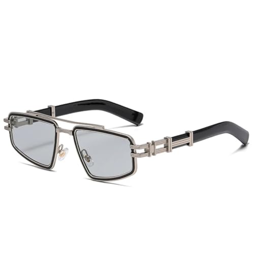 QGGNMGT Retro-Sonnenbrille aus Metall mit Doppelsteg für Herren, modisch, blau-rosa Gläser, UV400, trendiger Punk-Look für Damen, Luxus (Silber, Hellgrau) von QGGNMGT