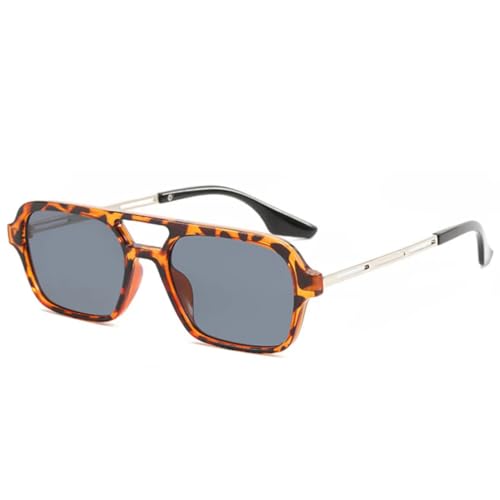 QGGNMGT Retro-Sonnenbrille mit Doppelsteg, Damenmode, klare Ozeangläser, UV400, Herren, trendiges Metall, hohl (Leopardengrau) von QGGNMGT