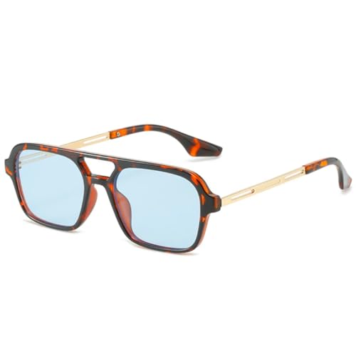 QGGNMGT Retro-Sonnenbrille mit Doppelsteg, Damenmode, klare Ozeanlinsen, UV400-Schutz, Herren, trendiges Metall, hohl (Leopardenblau) von QGGNMGT