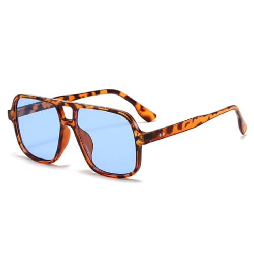 QGGNMGT Retro-Sonnenbrille mit Doppelsteg für Damen, modische Leoparden-Brille, trendige Herren-Nieten, Bonbonfarbe, UV400 (Leopardenblau) von QGGNMGT