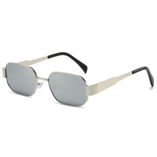 QGGNMGT Retro-Sonnenbrille mit Polygon-Metallrahmen für Damen, modisch, klare Gläser in Bonbonfarben, UV400-Schutz, Punk-Stil (Silber, Silberspiegel) von QGGNMGT