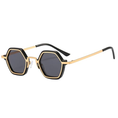 QGGNMGT Retro-Sonnenbrille mit Polygon-Muster, Damenmode, klare Ozean-Farbverlaufsgläser, Brillen für Herren, trendige Punk-Sonnenbrille, UV400 (Schwarz, Goldgrau) von QGGNMGT