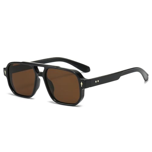 QGGNMGT Vintage Doppelsteg-Sonnenbrille für Herren, modisch, klare Ozeanlinse, Brillen für Damen, trendige Nieten, UV400 (Schwarzbraun) von QGGNMGT