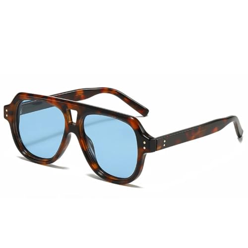 QGGNMGT Vintage Doppelstege Herren Sonnenbrille Mode Damen Luxus Trend Nieten Gelb Blau UV400 (Leopardenblau) von QGGNMGT