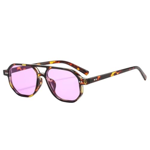 QGGNMGT Vintage Doppelstege Polygon Damen Sonnenbrille Mode Nieten Herren Klare Ozeanlinsen Shades UV400 (Leopardenlila) von QGGNMGT
