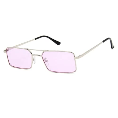 QGGNMGT Vintage Rechteckige Doppelstege Damen Sonnenbrille Metallrahmen Ozeanklare Linse Brillen Herren Sonnenbrille UV400 Shades (Silber Lila) von QGGNMGT
