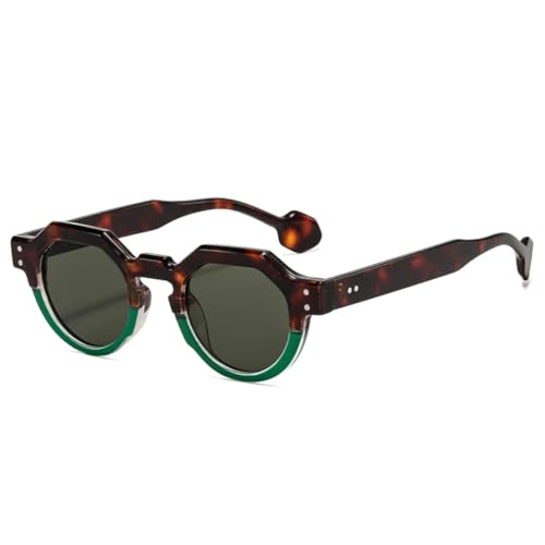 QGGNMGT Zweifarbige runde Sonnenbrille für Damen, UV400, Retro-Stil, für Herren, trendige Nieten, Punk (Leopardengrün) von QGGNMGT