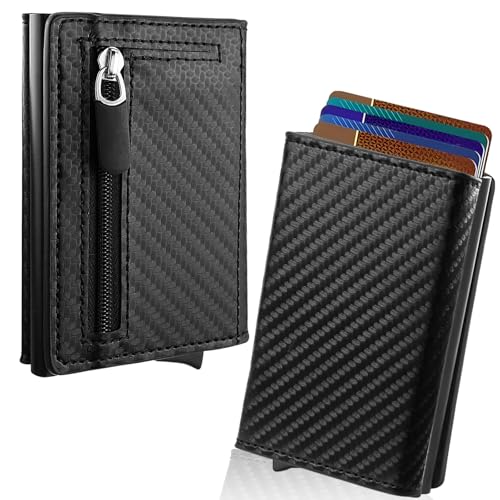 QGGTQG Geldbörse Herren, RFID-Diebstahl-Bürstenschutz, Slim Wallet mit Münzfach mit Reißverschluss, Automatisches Pop-Up-Kartenetui aus Aluminium, Kartenetui Damen Schwarz, Bereit zum Verschenken von QGGTQG