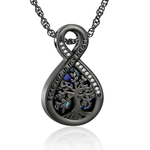 QGJNSGC Baum des Lebens Urne Halsketten für Asche Unendlichkeit Abalone-Schale Kremation Schmuck für Frauen Männer Andenken Gedenkstätte Anhänger für Asche Locket (Schwarz) von QGJNSGC