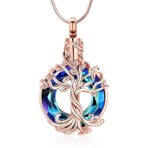 QGJNSGC Einäscherungsschmuck Baum des Lebens Urne Halskette für Asche mit Kreis Kristall Memorial Keepsake Schmuck w/Trichter Füller Geschenke für Frauen Mädchen Freunde (Rose-blau) von QGJNSGC