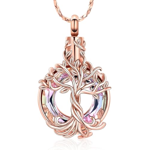 QGJNSGC Einäscherungsschmuck Baum des Lebens Urne Halskette für Asche mit Kreis Kristall Memorial Keepsake Schmuck w/Trichter Füller Geschenke für Frauen Mädchen Freunde (Rose-rosa) von QGJNSGC