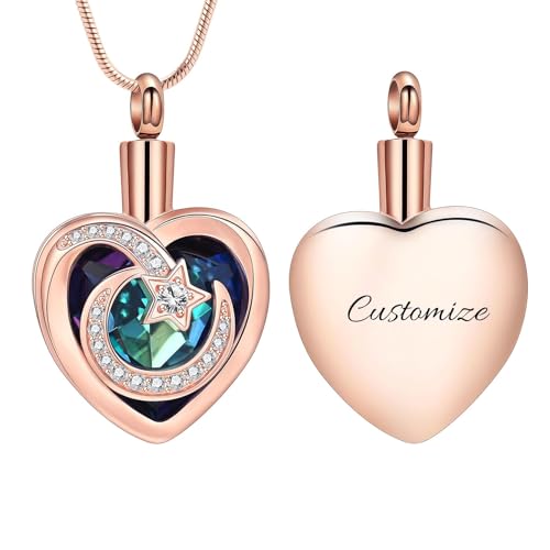QGJNSGC Einäscherungsschmuck für Asche Kristall Herzform Urne Halskette Keepsake Edelstahl Mond Stern Anhänger Memorial Geschenk für Frauen Mädchen (Anpassen) von QGJNSGC