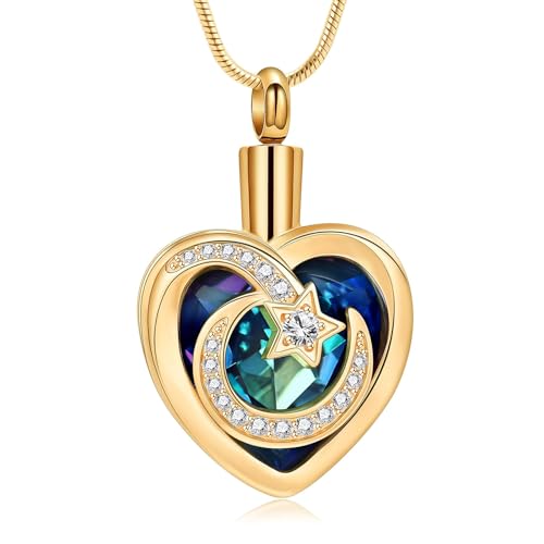 QGJNSGC Einäscherungsschmuck für Asche Kristall Herzform Urne Halskette Keepsake Edelstahl Mond Stern Anhänger Memorial Geschenk für Frauen Mädchen (Gold-blau) von QGJNSGC