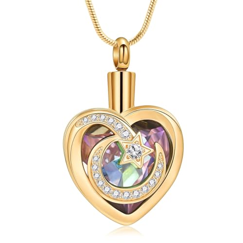 QGJNSGC Einäscherungsschmuck für Asche Kristall Herzform Urne Halskette Keepsake Edelstahl Mond Stern Anhänger Memorial Geschenk für Frauen Mädchen (Gold-violett) von QGJNSGC