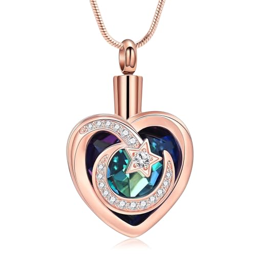 QGJNSGC Einäscherungsschmuck für Asche Kristall Herzform Urne Halskette Keepsake Edelstahl Mond Stern Anhänger Memorial Geschenk für Frauen Mädchen (Rosa-blau) von QGJNSGC