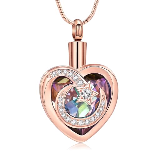 QGJNSGC Einäscherungsschmuck für Asche Kristall Herzform Urne Halskette Keepsake Edelstahl Mond Stern Anhänger Memorial Geschenk für Frauen Mädchen (Rosa-violett) von QGJNSGC