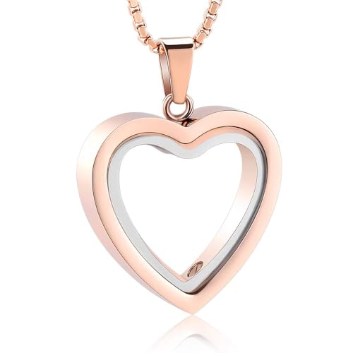 QGJNSGC Halskette für Asche, Glas, Herz, Gedenk-Asche, Medaillons, Edelstahl, Andenken, Urnen-Anhänger für Damen und Herren (B-Roségold) von QGJNSGC