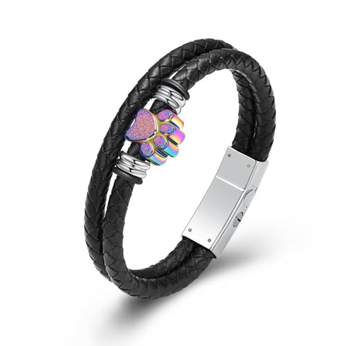 QGJNSGC Haustier Pfote Einäscherung Armband für Asche für Männer geflochtene Leder-Armband Manschette Armreif Memorial Urne Schmuck Beerdigung Keepsake Geschenk (Regenbogen 18cm) von QGJNSGC