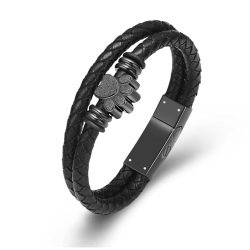 QGJNSGC Haustier Pfote Einäscherung Armband für Asche für Männer geflochtene Leder-Armband Manschette Armreif Memorial Urne Schmuck Beerdigung Keepsake Geschenk (Schwarz 18cm) von QGJNSGC