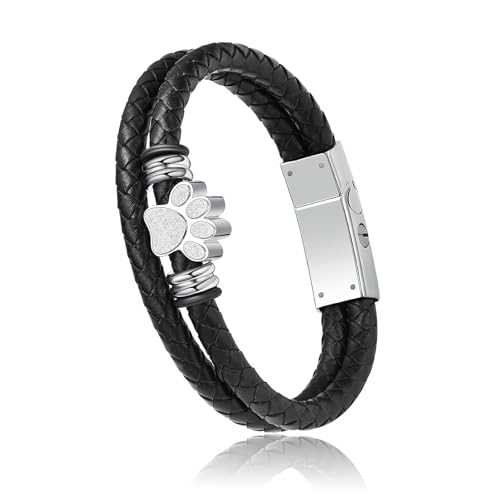 QGJNSGC Haustier Pfote Einäscherung Armband für Asche für Männer geflochtene Leder-Armband Manschette Armreif Memorial Urne Schmuck Beerdigung Keepsake Geschenk (Silber 18cm) von QGJNSGC