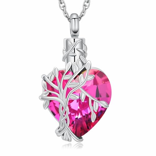 QGJNSGC Herz Baum des Lebens Urne Halskette für Asche Kremation Schmuck mit Kristall w/Trichter Füller Memorial Schmuck Geschenke für Frauen Mädchen (Silber-rosa) von QGJNSGC