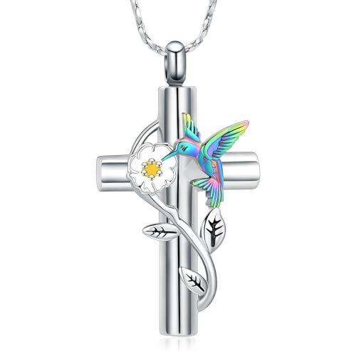 QGJNSGC Kolibri Kreuz Urne Halskette für Asche für Männer Erwachsene Edelstahl Kreuz mit Sonnenblume Kremation Schmuck Urne Anhänger Asche Halter Memorial Medaillon (Silber-regenbogen) von QGJNSGC