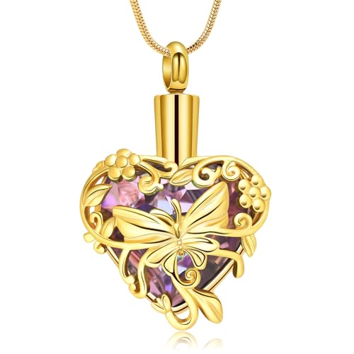 QGJNSGC Kristall Urnenhalskette für Asche Schmetterling Einäscherungs-Schmuck Herz Urnenhalter Halsketten für Frauen Gedenk-Schmuck (Gold-violett) von QGJNSGC