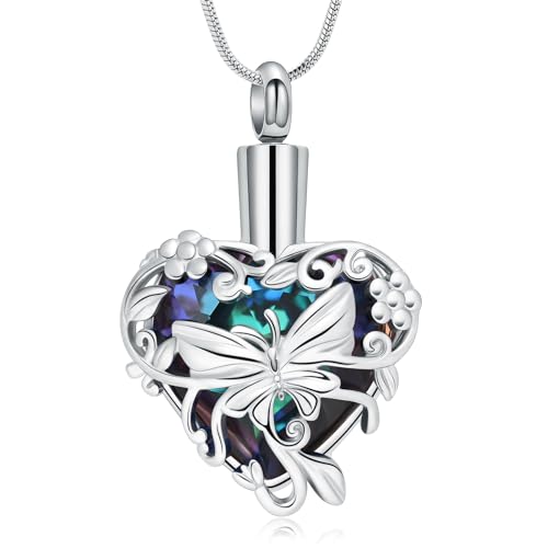 QGJNSGC Kristall Urnenhalskette für Asche Schmetterling Einäscherungs-Schmuck Herz Urnenhalter Halsketten für Frauen Gedenk-Schmuck (Silber-blau) von QGJNSGC