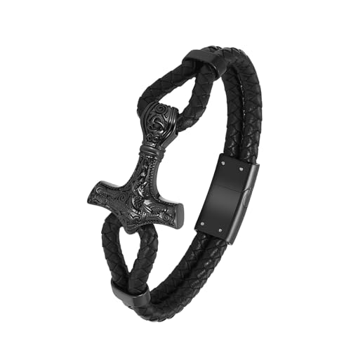 QGJNSGC Urnen Armband für Asche, Viking Thor's Hammer Einäscherungsarmband für Männer, echtes Leder Manschette Armreif Memorial Urne Schmuck Beerdigung Keepsake Geschenk (Schwarz 24cm) von QGJNSGC