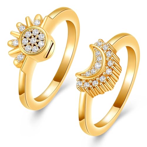 QGJNSGC Urnen-Feuerbestattungsschmuck Himmlisches Sonnen- und Mond-Ring-Set, funkelnde Sonnen-/Blaumond-Freundschaftsringe, stapelbar, himmlisches Geschenk von QGJNSGC