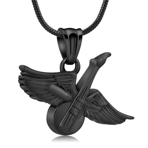 QGJNSGC Urnen-Halskette für Asche Gitarre Engelsflügel Feuerbestattung Schmuck Urnenanhänger Halsketten Andenken Anhänger für Frauen für Musikliebhaber, Edelstahl von QGJNSGC