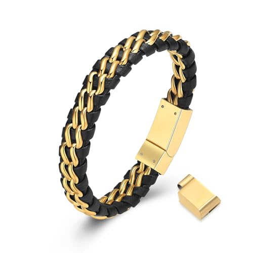 QGJNSGC Urnenarmband für Asche für Männer Geflochtenes Lederarmband Rostfreier Stahl Einäscherungs-Schmuck Handgelenk Band Manschette Wrap Rope Armreif (19zm, Gold) von QGJNSGC