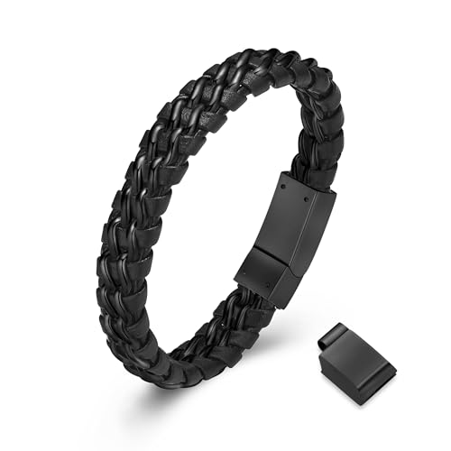 QGJNSGC Urnenarmband für Asche für Männer Geflochtenes Lederarmband Rostfreier Stahl Einäscherungs-Schmuck Handgelenk Band Manschette Wrap Rope Armreif (19zm, Schwarz) von QGJNSGC