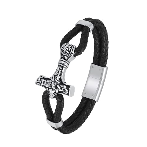QGJNSGC Urnen Armband für Asche, Viking Thor's Hammer Einäscherungsarmband für Männer, echtes Leder Manschette Armreif Memorial Urne Schmuck Beerdigung Keepsake Geschenk (Silber 22cm) von QGJNSGC