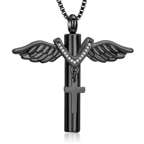 QGJNSGC Zylinder-Schmuck für Asche, Engelsflügel-Anhänger, Kreuz-Urnen-Halskette für Asche für Damen und Herren, Andenken, Gedenkschmuck, Urnen-Medaillon, Edelstahl von QGJNSGC