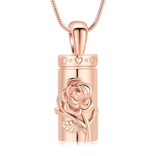 QGJNSGC Zylinder-Urnen-Halskette für Asche für Damen/Herren, Rosenblüte, Einäscherungsanhänger, Phiole Memorial Loved One Anhänger, Andenken, Schmuck, Geschenk, Edelstahl von QGJNSGC