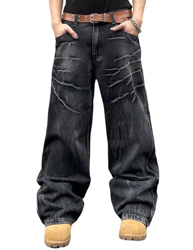 Herren Baggy Jeans Y2K Vintage Wide Leg Denim Pants Hip Hop Extra Loose Skater Jeans Streetwear, Y10 Striped Black, XXL Herren Baggy Jeans Y2K Vintage Wide Leg Denim Pants Hip Hop Extra Loose Skater Jeans Streetwear, Y10 Striped Black, XXL von QGRSWBC